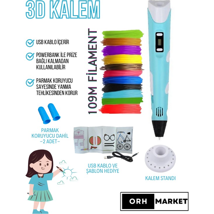 ORH MARKET - 3D Kalem USB Kablolu Üç Boyutlu Yazıcı Kalem Printer-Mavi (Çok Renkli -109METRE-) Kalem & Yazı Gereçleri Fiyatı