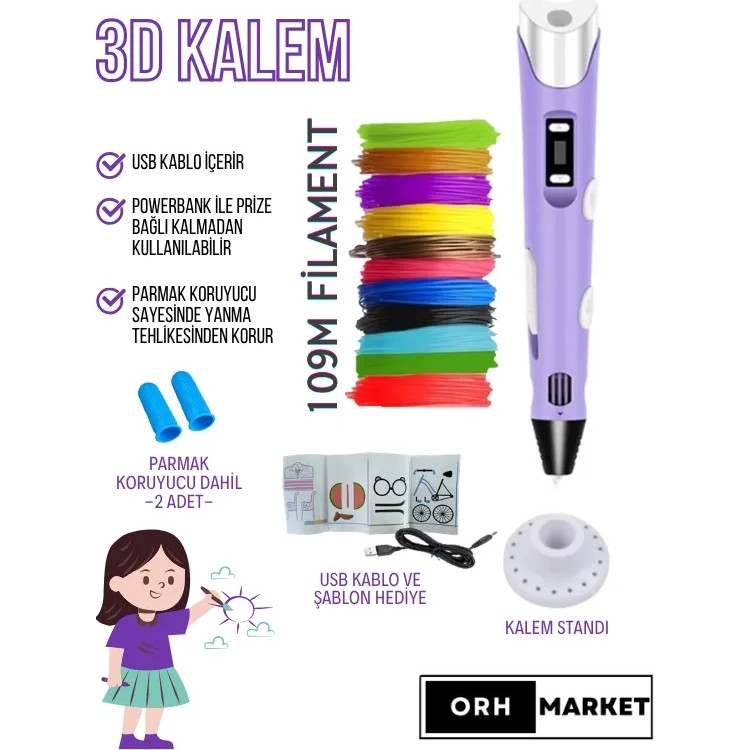 ORH MARKET 3D Kalem USB Kablolu Üç Boyutlu Yazıcı Kalem Printer-Mor (Çok Renkli Filament -109METRE-) Kalem & Yazı Gereçleri Fiyatı