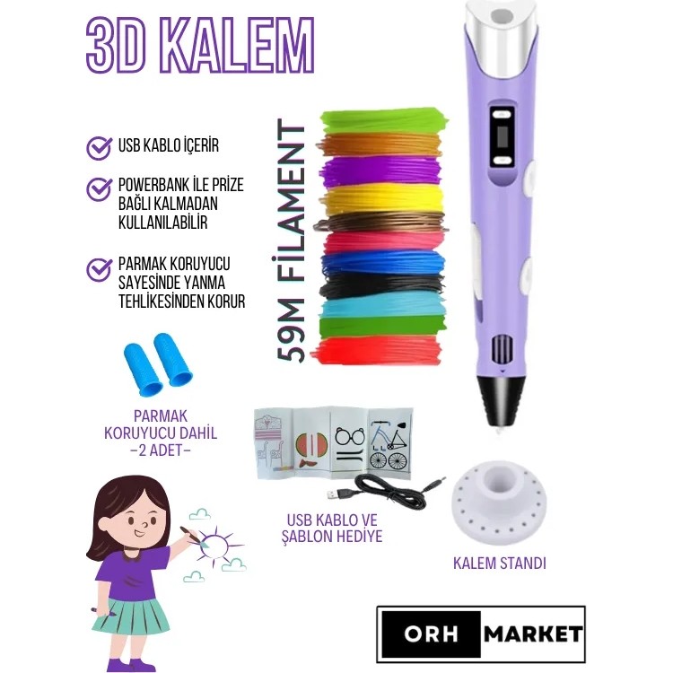 ORH MARKET 3D Kalem USB Kablolu Üç Boyutlu Yazıcı Kalem Printer-Mor (Çok Renkli Filament -59METRE-) Kalem & Yazı Gereçleri Fiyatı