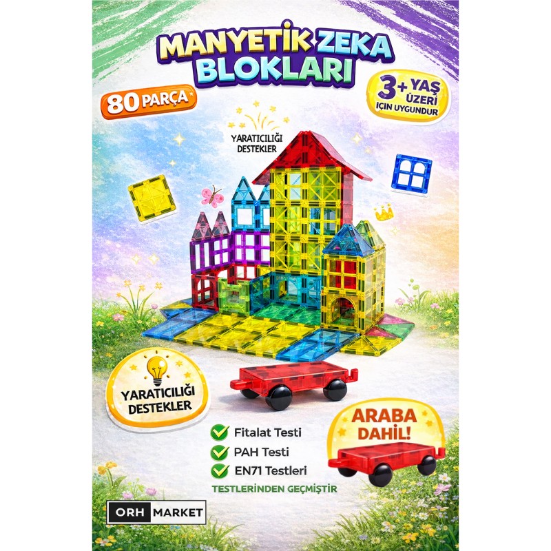 ORH MARKET 80 Parça Manyetik Eğitim Blokları Çocuklar Için Zeka ve Yaratıcılık Oyuncağı - Çok Renkli Diğer Fiyatı