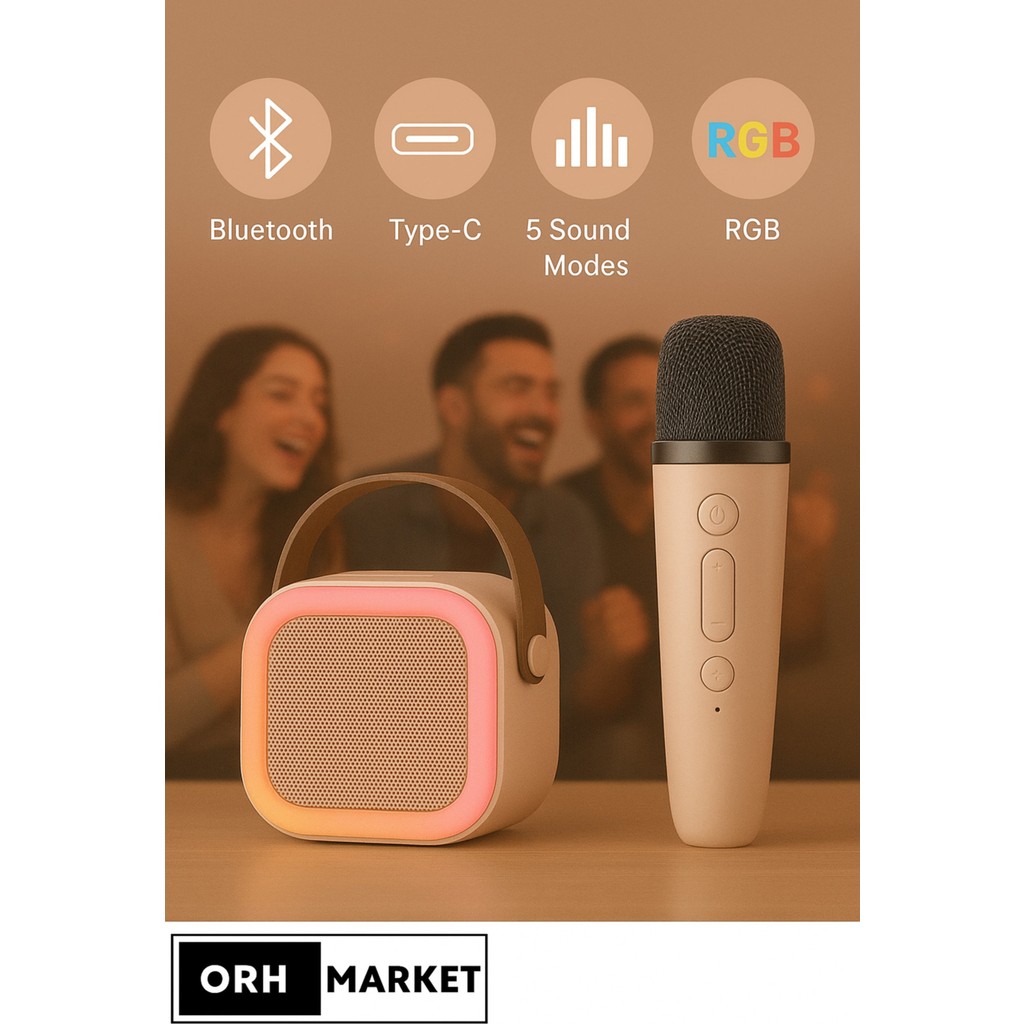 ORH MARKET Kablosuz Karaoke Bluetooth Hoparlör Tek Mikrofonlu Rgb Işıklı, Taşınabilir, Usb/sd Parti Hoparlörü - Bej Bluetooth Hoparlör Fiyatı