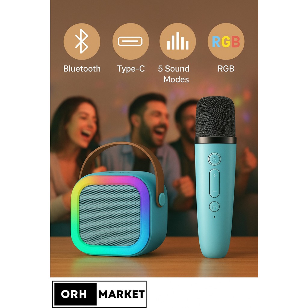 ORH MARKET Kablosuz Karaoke Bluetooth Hoparlör Tek Mikrofonlu Rgb Işıklı, Taşınabilir, Usb/sd Parti Hoparlörü - Mavi Bluetooth Hoparlör Fiyatı