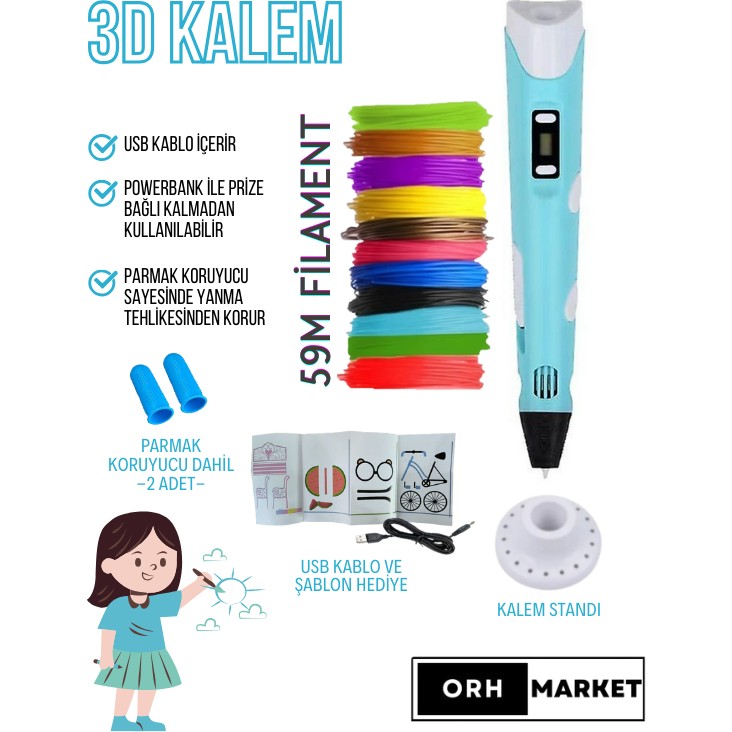 ORH MARKET Mavi 3D Kalem 3D Pen Yazıcı Kalem – Çok Renkli Pla Filament (Toplam 59M) + USB Kablo Kalem & Yazı Gereçleri Fiyatı