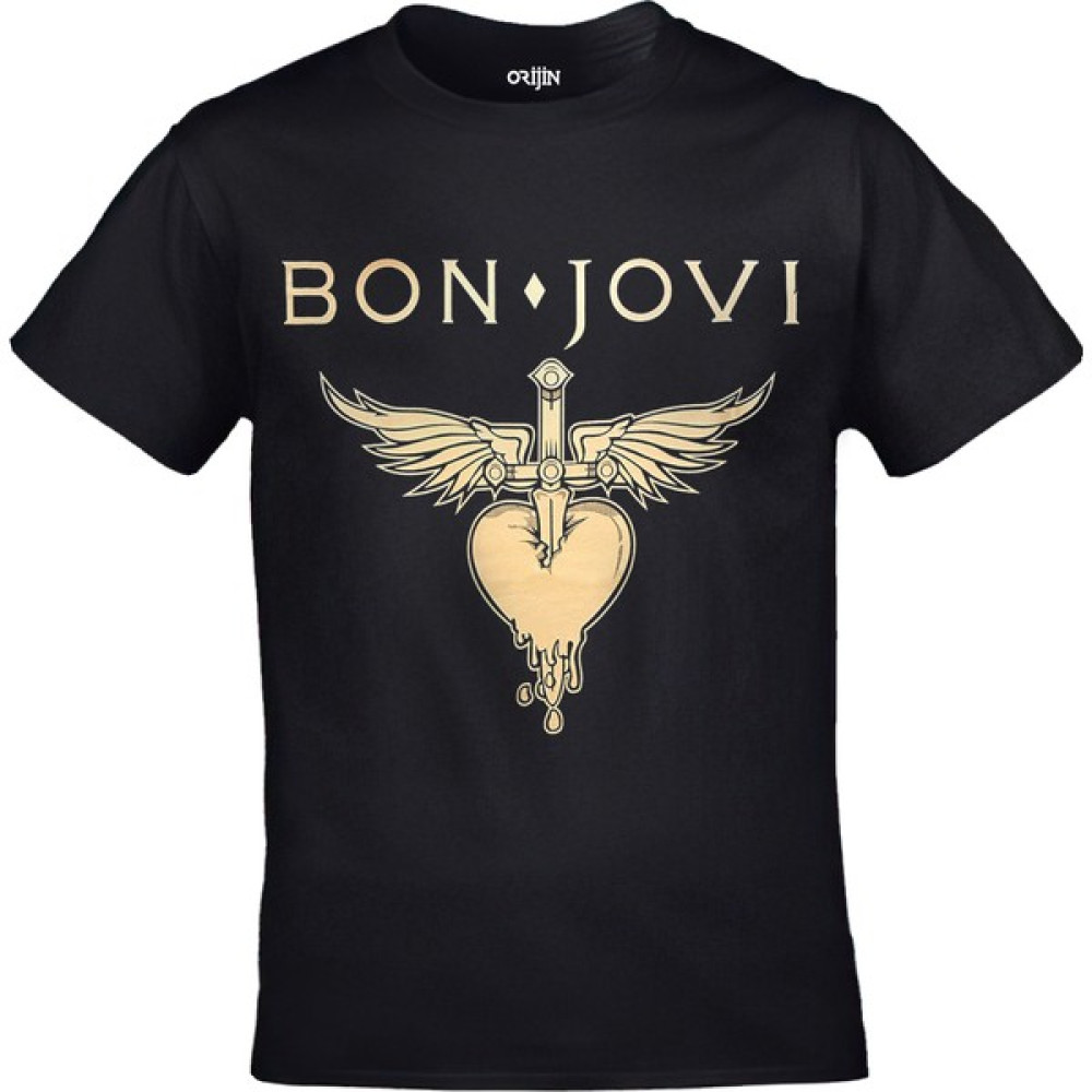 Orijin Tekstil Bon Jovi - Logo Heart And Dagger Logo Unisex Baskılı Siyah Tshirt Erkek T-shirt Fiyatı