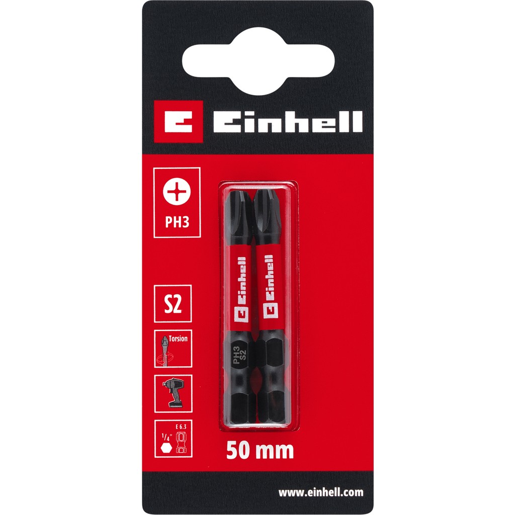 Orijinal Einhell Darbeli Bit Seti, 2 Parça, 50 mm, PH3 (S2 Çelik, Torsiyon Bölgesi, Verimli Güç Aktarımı, Kırmızı Renk Halkası, E 6.3 Sap) - 49131180 Diğer Fiyatı