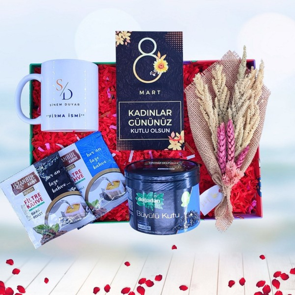 Orjinal Hediyeler Kurumsal Kadınlar Günü Hediye Seti, Kişiselleştirilebilir Kupa, Filtre Kahve, Buket, Doğadan Büyülü Kutu Siyah Çay, Tebrik Kartı Hediyelik Eşya Fiyatı