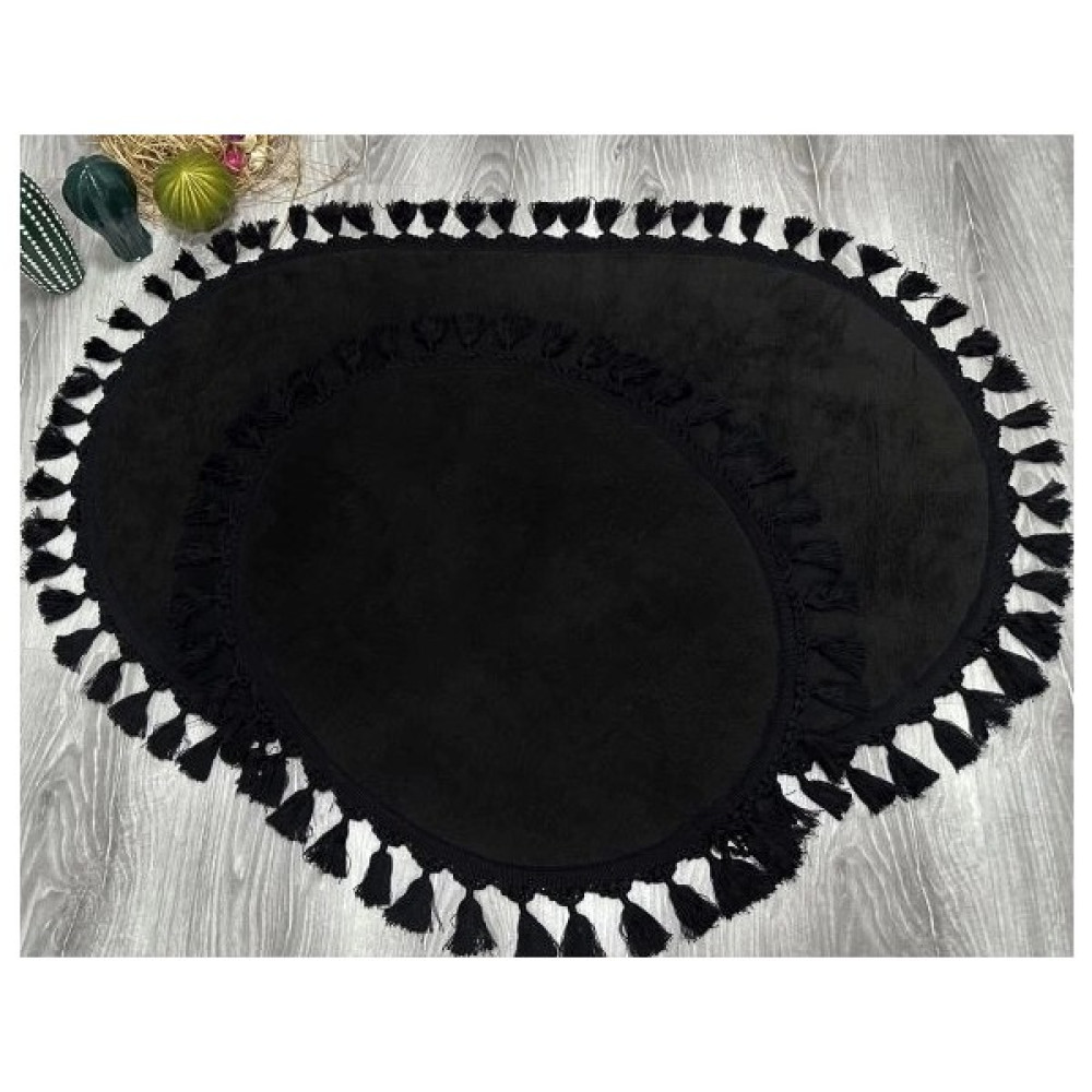 Orkide Home Dekoratif Modern Simirna Peluş Siyah Ponpon Saçaklı Oval Klozet Takımı Klozet Takımı Fiyatı