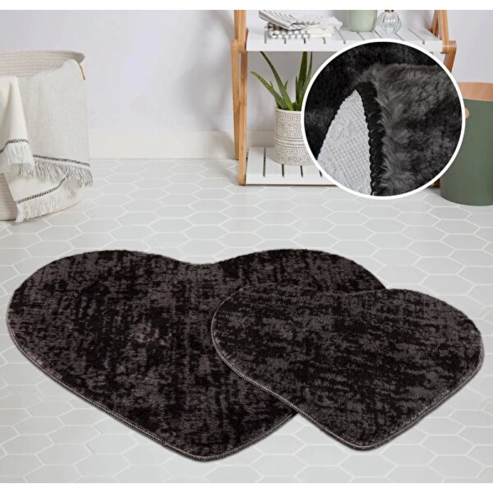 Orkide Home Modern Dekoratif Halı Jel Kaymaz Taban Peluş Puffy Kalp Model Gri Siyah Paspas Takımı 7 Klozet Takımı Fiyatı