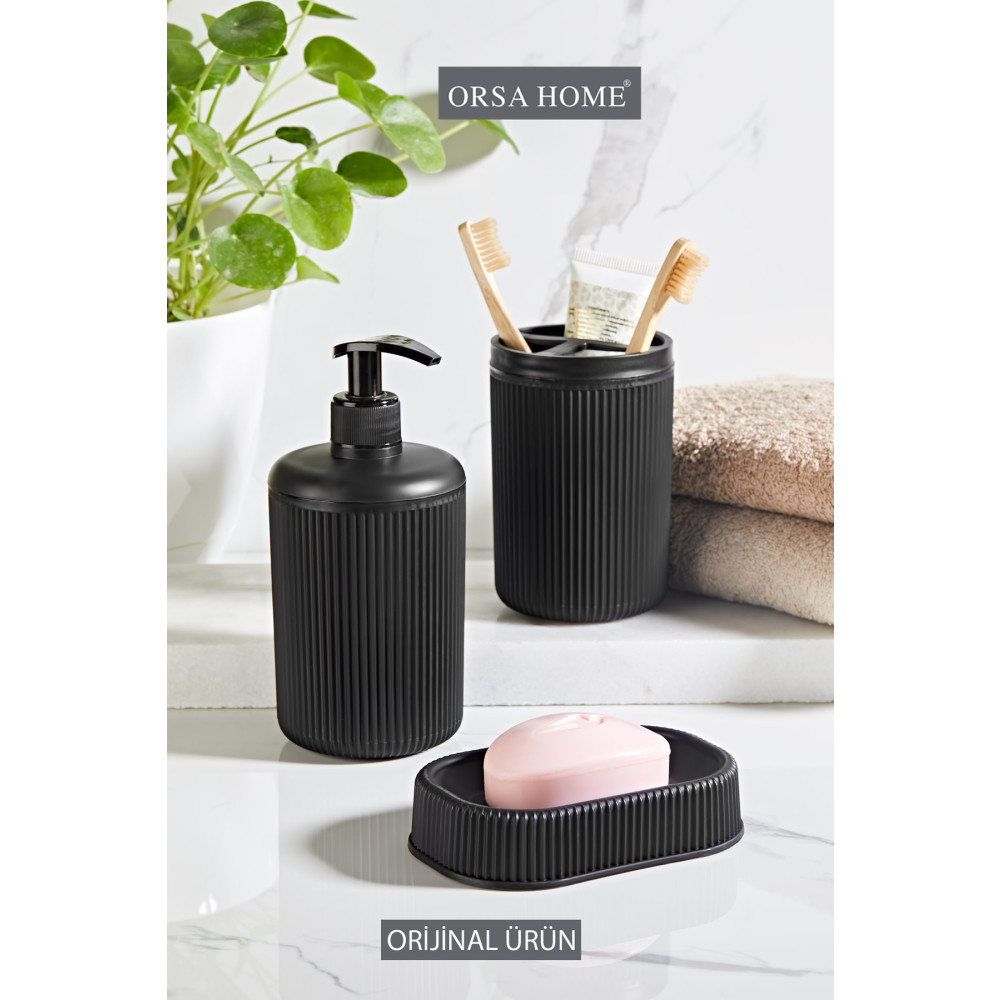 ORSA HOME Çizgi Desen Siyah 3lü Banyo Seti Sabunluk Diş Fırçalık Sıvı Sabunluk Banyo Aksesuarları Fiyatı