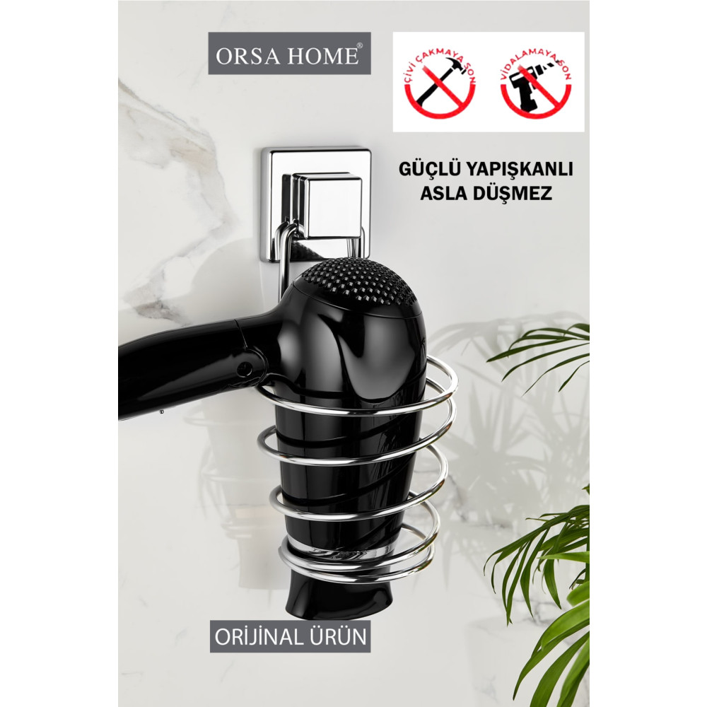 ORSA HOME Ors615 Kare Güçlü Macun Yapışkanlı Saç Kurutma Makine Askısı Krom Fönlük Banyo Aksesuarları Fiyatı