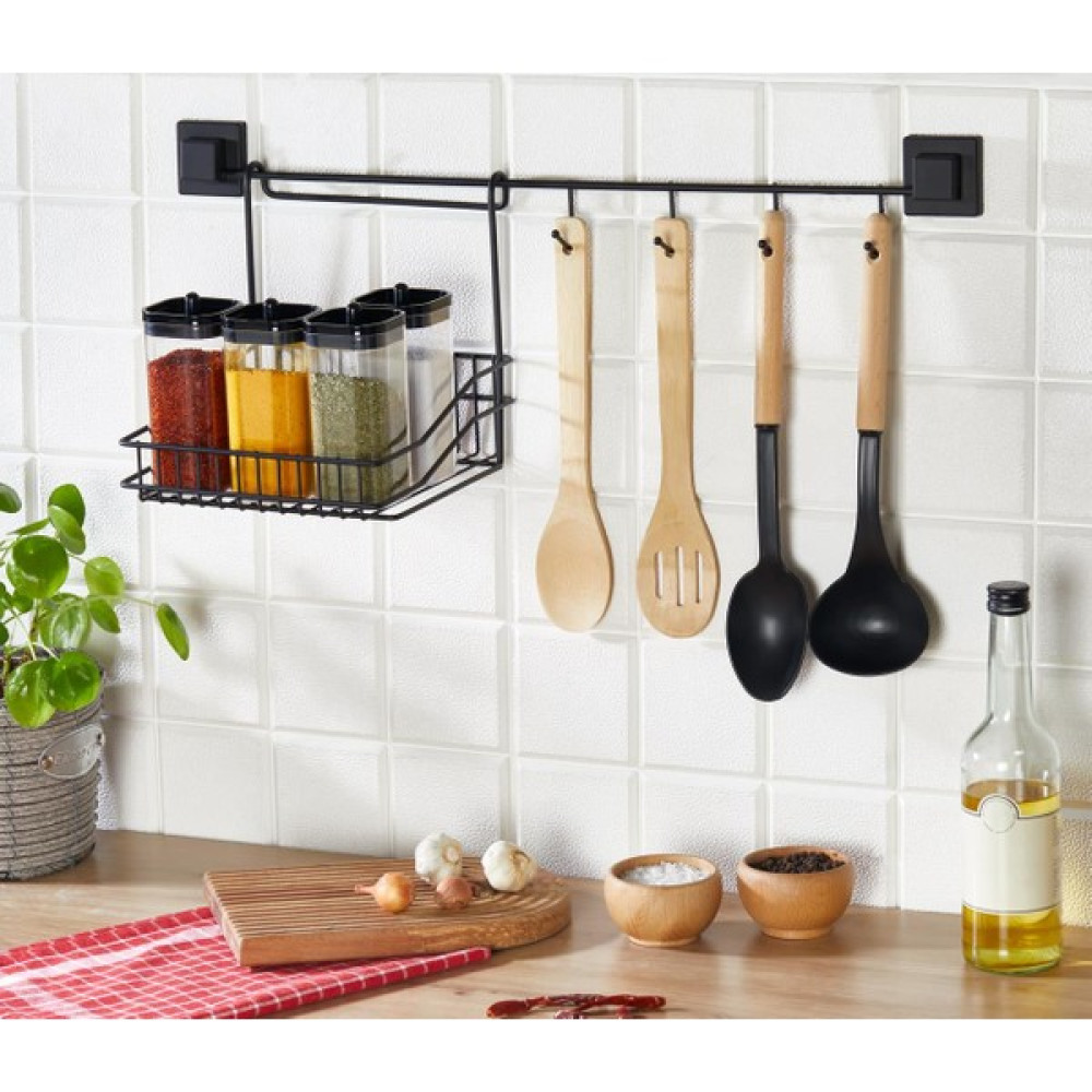 Orsa Home Retro Sepetli 4 Askılı Siyah Mutfak Seti, Güçlü Yapışkanlı Ferforje Sepet ve 4 Lü Askı Saklama Kapları Fiyatı