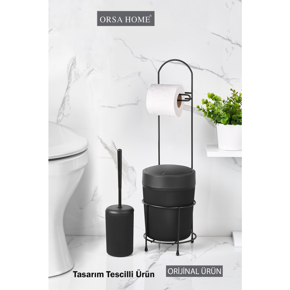 ORSA HOME Siyah Yuvarlak Kovalı Wc Kağıtlık Ve Tuvalet Fırça Seti Banyo Aksesuarları Fiyatı