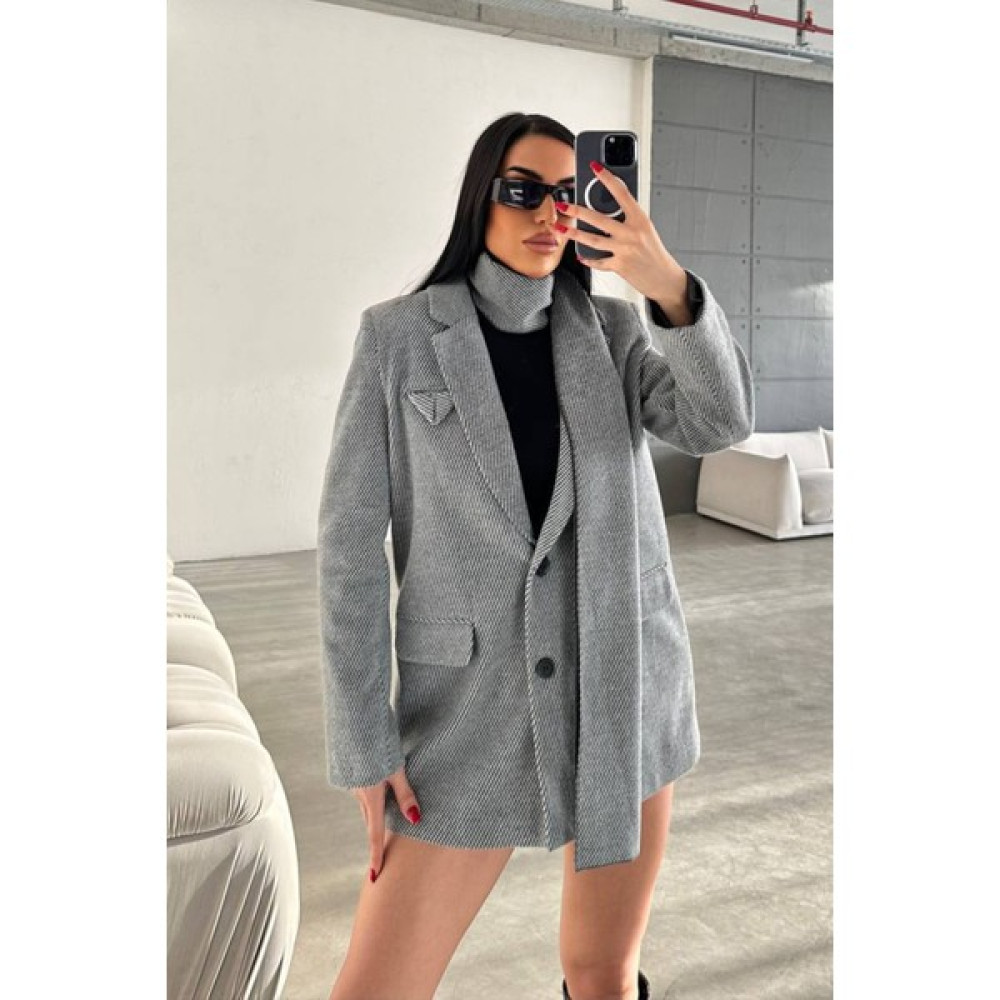 Ortaya Çık Gri Tasarım Kaşe Kumaş Atkılı Blazer Ceket Bayan Ceket Fiyatı
