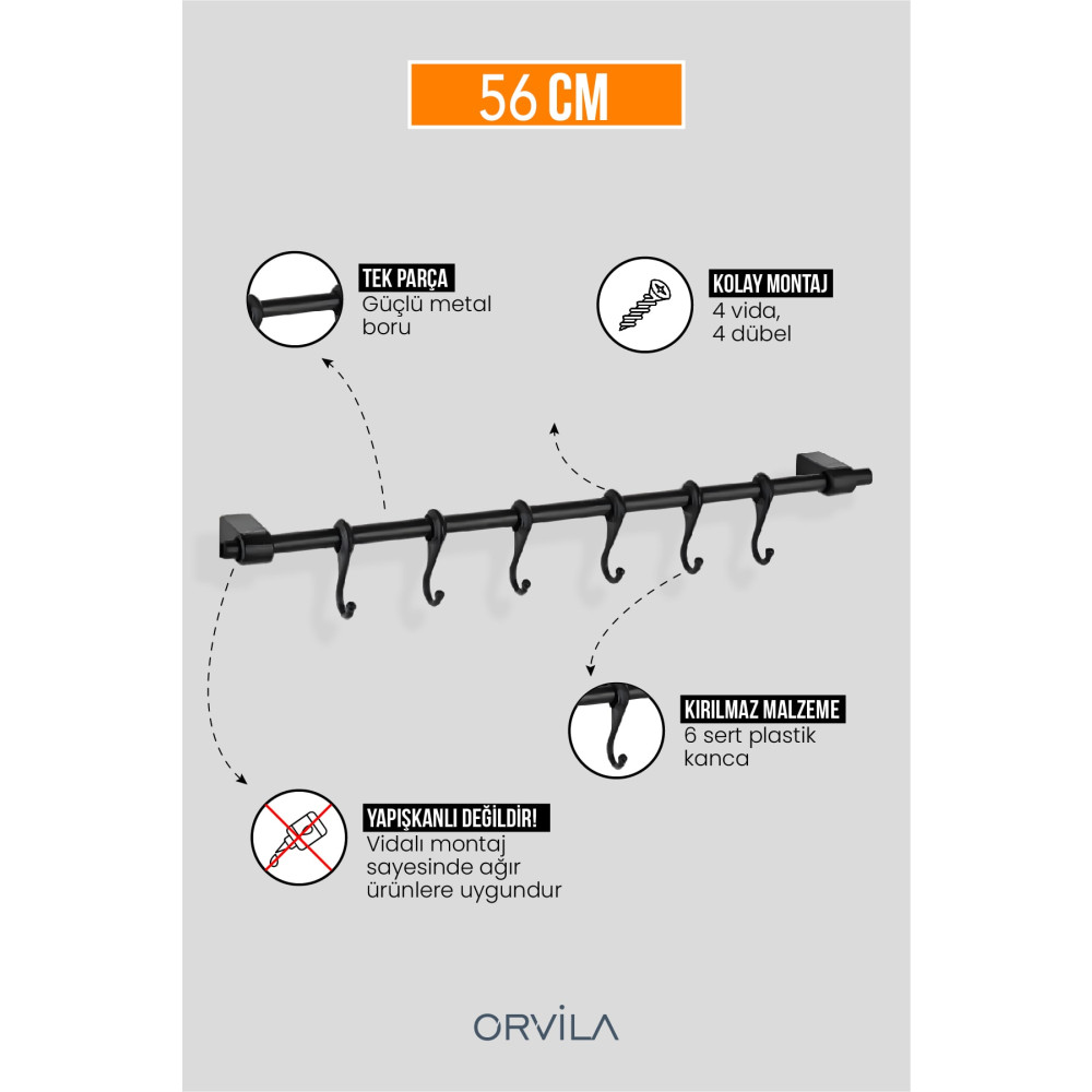 Orvila Siyah Metal Mutfak ve Banyo Askısı 6 Kancalı Askı Demiri 56 Cm Çubuk Ev & Dekorasyon Aksesuarları Fiyatı