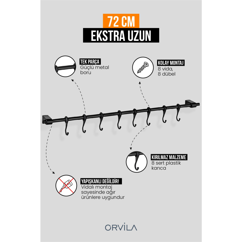 Orvila Siyah Metal Mutfak Ve Banyo Askısı Çok Amaçlı 8 Kancalı Askı Demiri Maxi 72 Cm Ev & Dekorasyon Aksesuarları Fiyatı