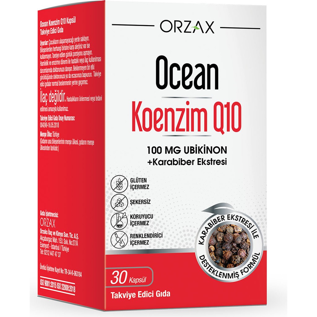 Orzax Ocean Koenzim Q10 30 Kapsül Gluten İçermeyen 100 MG Ubikinon ile Desteklenmiş Takviye Edici Gıda Türkiye Menşeli Sporcu Besini & Supplementler Fiyatı