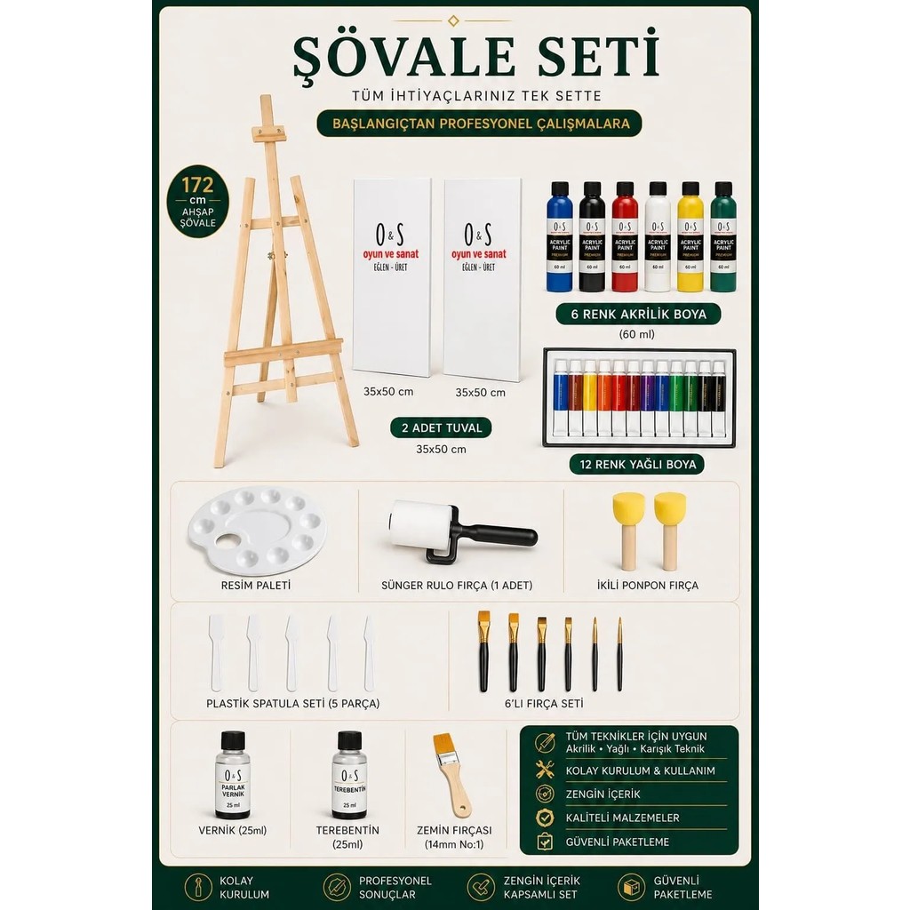 O&S Lüks Resim Başlangıç Seti 3-Şövale (Şövalye), Tuval (Tual Seti), Ressam Akrilik Yağlı Boya Seti Diğer Fiyatı