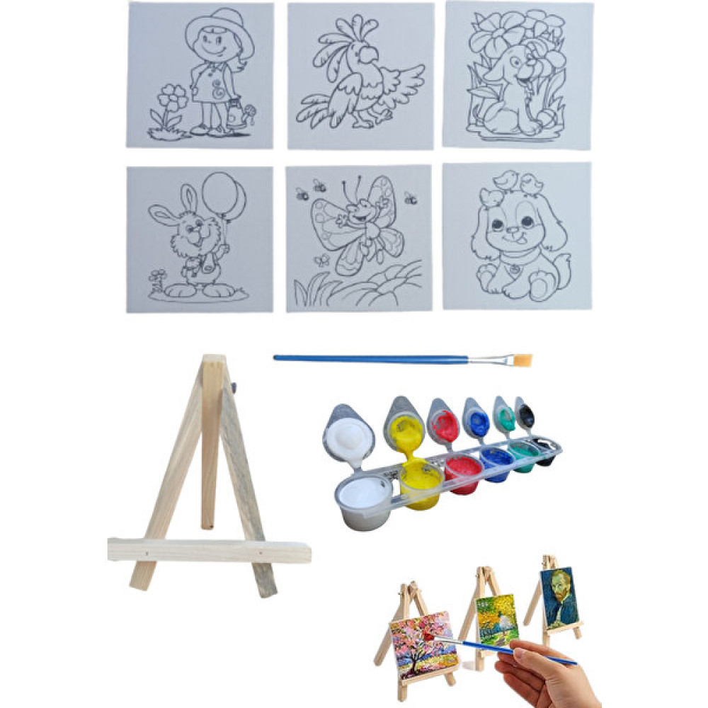 O&S Mini Şövale Çizimli Resim Başlangıç Seti, Akrilik Boya, Fırça, Şövale Çocuk Hediye Ressam Seti Tuval Fiyatı