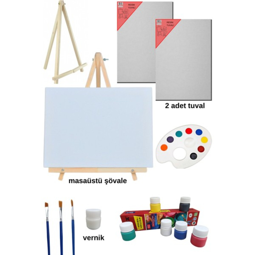 O&S Resim - Boya Seti - Mini Masa Şövalesi, 2 Adet Tuval, Resim Verniği, Akrilik Boya, Palet, (Şövalye) Mini Şövale Set Tuval Fiyatı