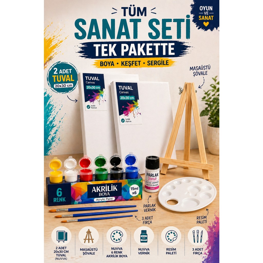 O&S Resim - Boya Seti - Mini Masa Şövalesi, 2 Adet Tuval, Resim Verniği, Akrilik Boya, Palet, (Şövalye) Mini Şövale Set Diğer Fiyatı