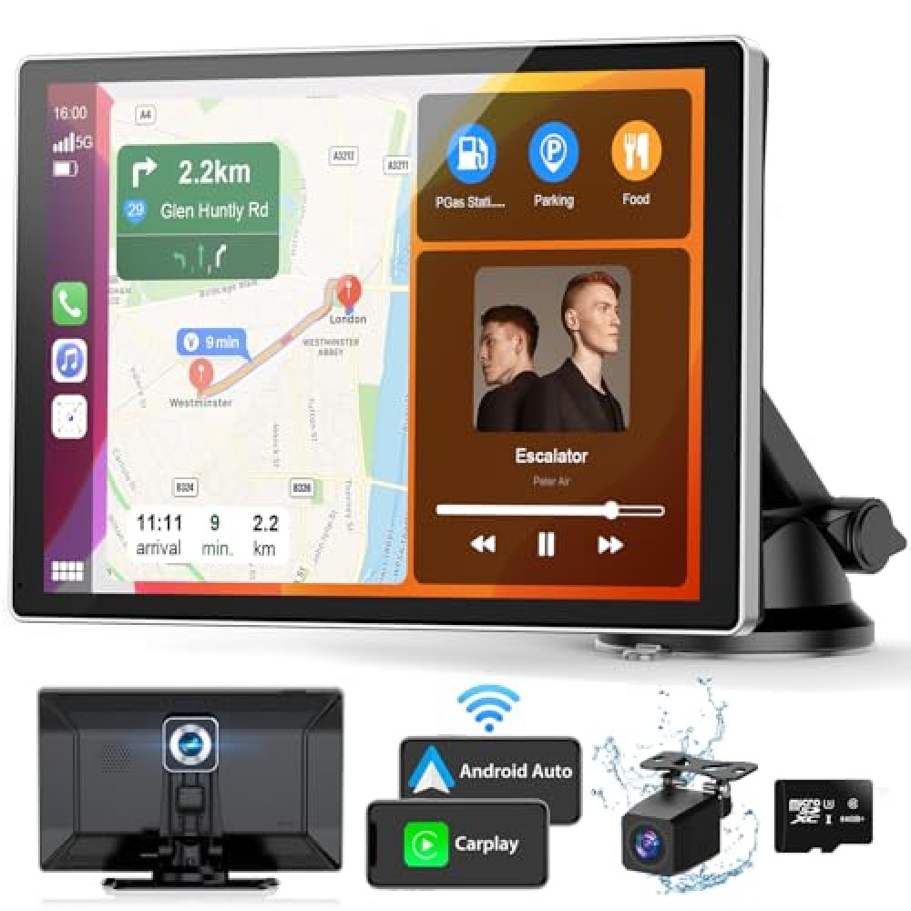 Oscio Portable Carplay Screen for Car, 9" Wireless Carplay Android Auto Screen with 4K Dash Cam & 1080P Backup Camera, Car Play Stereo with Voice Control & GPS Navigation, Mirror Link, BT/FM/AUX
