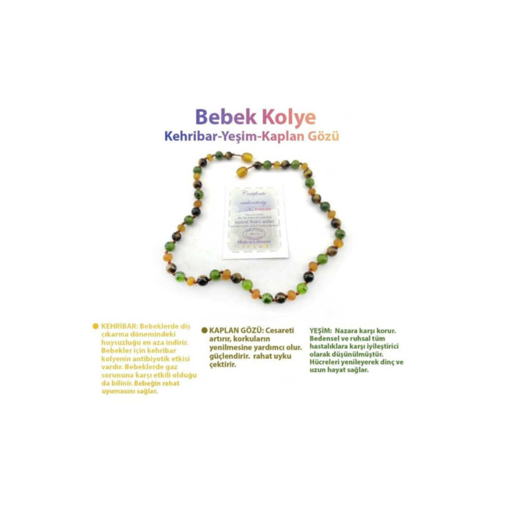 OSMANLI DOĞAL TAŞ Sertifikalı Bebek Kehribar Kolye Kehribar - Yeşim - Kaplan Gözü 33-35 Beden Bijuteri Kolye Fiyatı