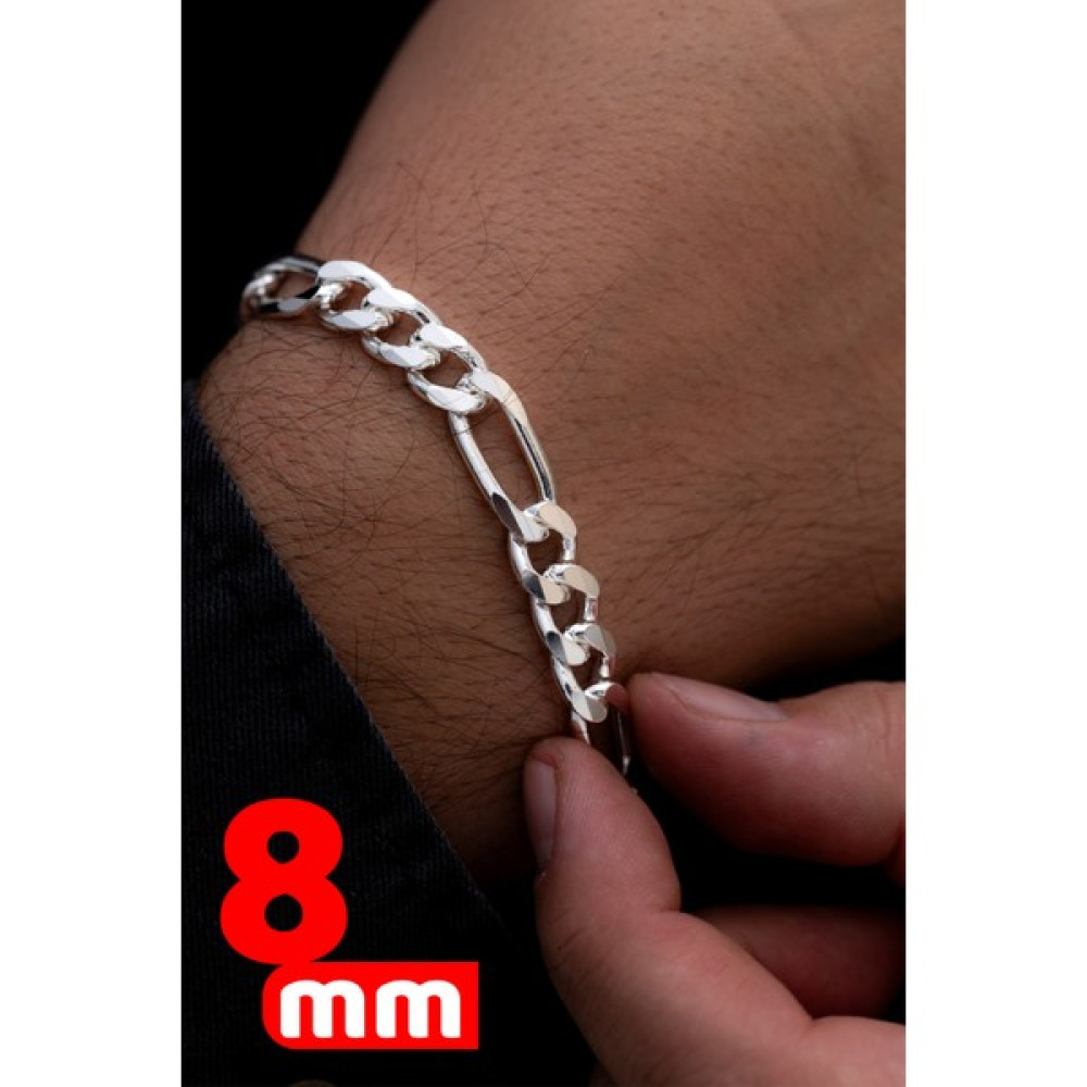 Osmanlı Gümüş Erkek Gümüş Bileklik - 8 mm Kalınlık 925 Ayar Gümüş Figaro Model Erkek Bileklik - 23 cm Saat ve Bileklik Aksesuarı Fiyatı
