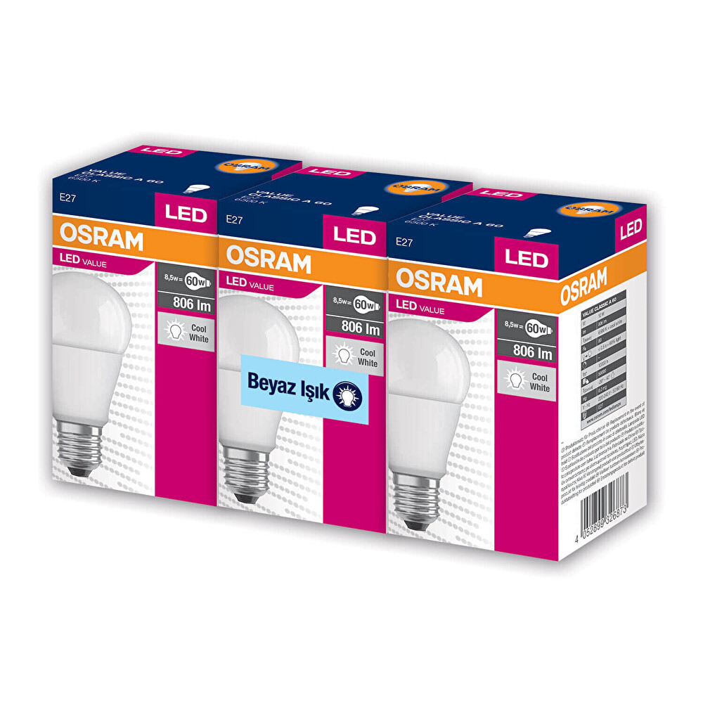 Osram 8,5 W E27 806 Lümen Beyaz Işık Led Ampul 3 Parça Paket Tasarruflu Ampul Fiyatı