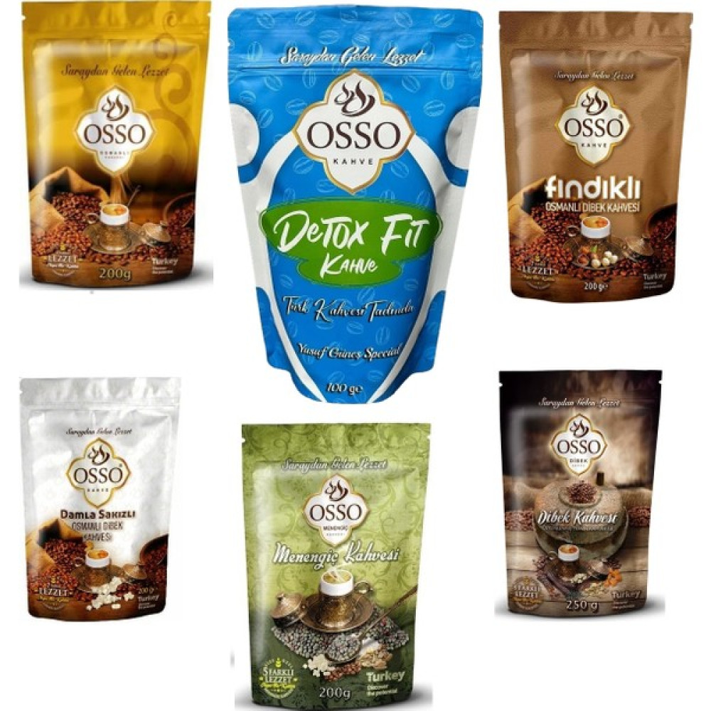 Osso 6'lı Kahve Seti, Osmanlı + Dibek + Menengiç + Damla Sakızlı + Fındıklı + Detox Fit - 1,1 kg Kahve Fiyatı