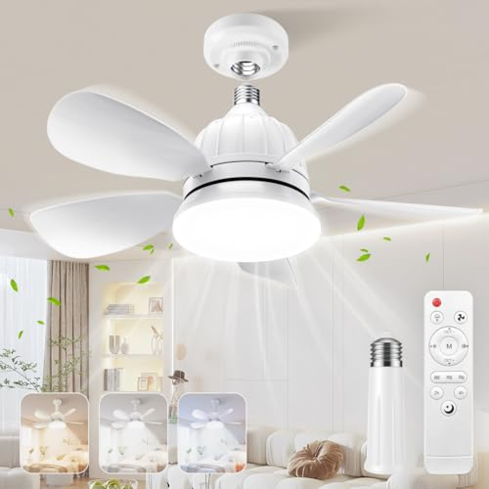 OSTIVE Socket Fan Light with Remote: 18'' Small Ceiling Fans with Lights, 2000 Lumens Dimmable Led Bulb, 3 Colors 3000K-6500K, Easy Install Screw in E26 Base for Bedroom Living Room Kitchen Garage Fans Fiyatı