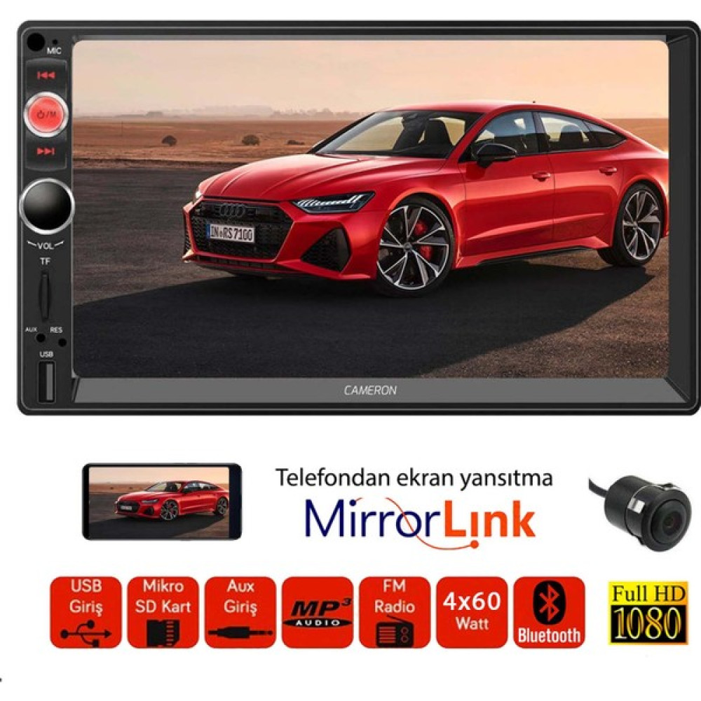 Oto Aksesuarcım Cameron 7 Inç Mirror Link Double Teyp Bt USB Aux Sd Kumandalı Kameralı CM-7388 Oto Teypleri Fiyatı