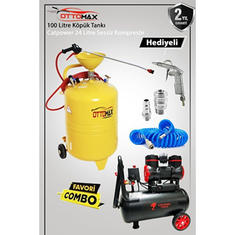 Ottomax 100 L Köpük Tankı ve Catpower 24 L Sessiz Kompresör Havalı Alet Seti Hava Kompresörü Fiyatı