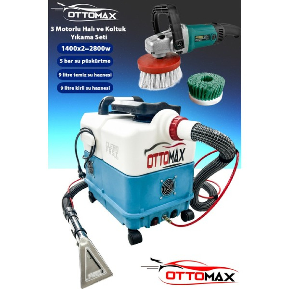 Ottomax 3 Motorlu Halı ve Koltuk Yıkama Makinası Koltuk Fırçalama Seti 2800 Watt Halı Yıkama Makineleri Fiyatı