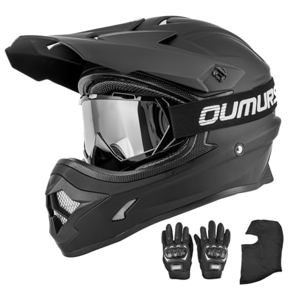 OUMURS Adult ATV Dirt Bike Helmet with Goggles Gloves & Mask Adjustable Sun Visor Motorcycle Adults Helmet Off-Road Motocross Downhill Moped MX for Unisex-Adult-Matte Black, L