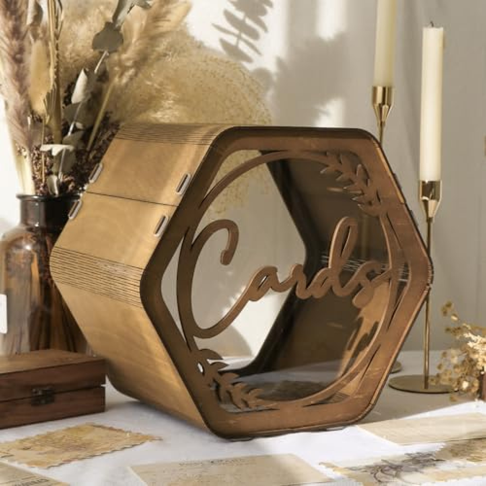 OurWarm Wedding Card Box for Party, Hexagon Brown Wedding Card Boxes for Reception, Wooden Wedding Box for Cards and Money, Rustic Graduation Gift Card Box for Wedding Decor Baby Shower Birthday