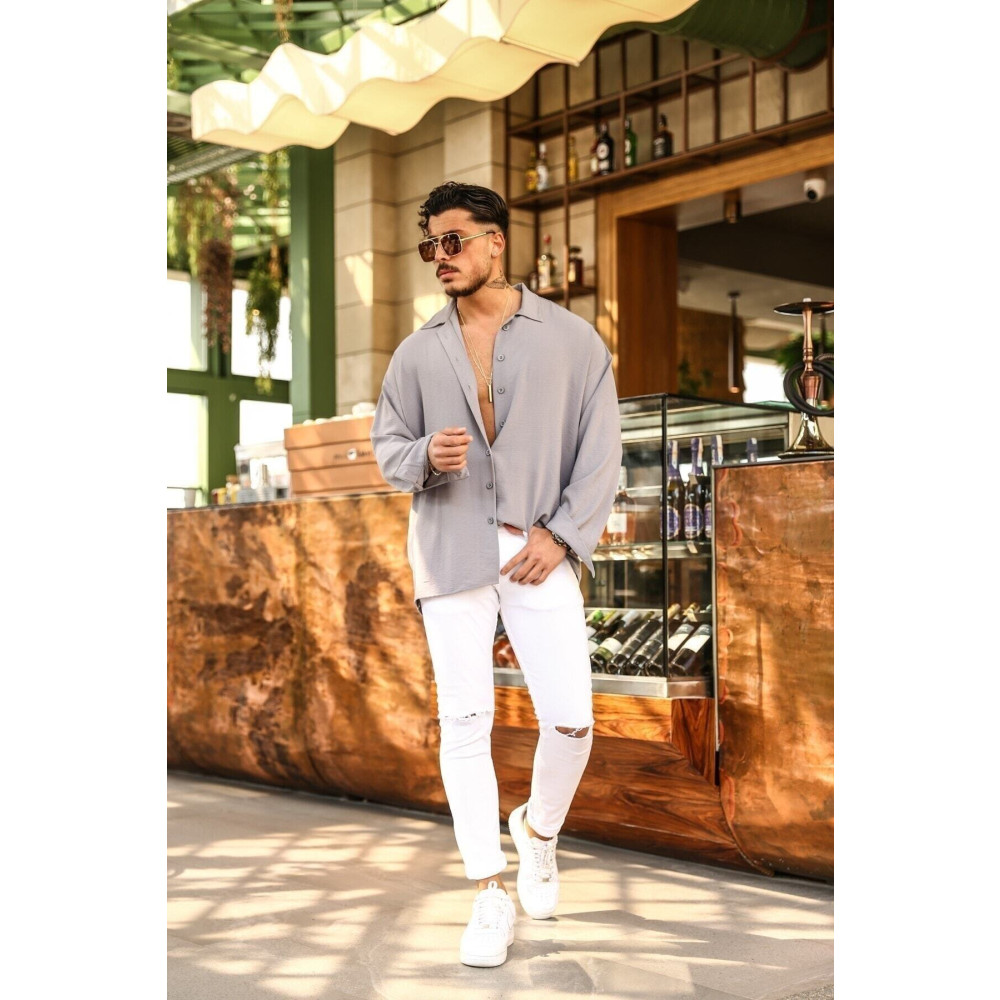 outfiit man Dokulu Oversize Gömlek Gri 70171008 XL Beden Kadın Gömlek Fiyatı