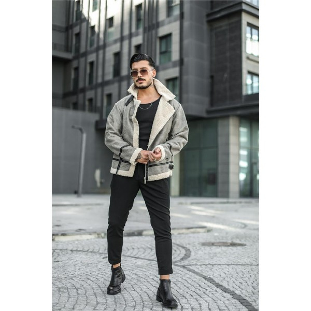 Outfit-Man Erkek Çapraz Fermuarlı Deri Kürk Ceket/Mont Krem Erkek Mont Fiyatı