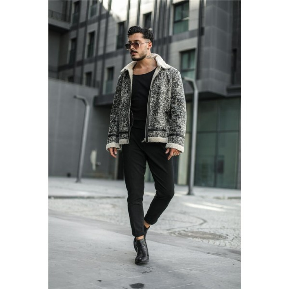 Outfit-Man Erkek Casual Deri Kürk Fermuarlı Ceket/Mont Krem-Siyah Erkek Mont Fiyatı