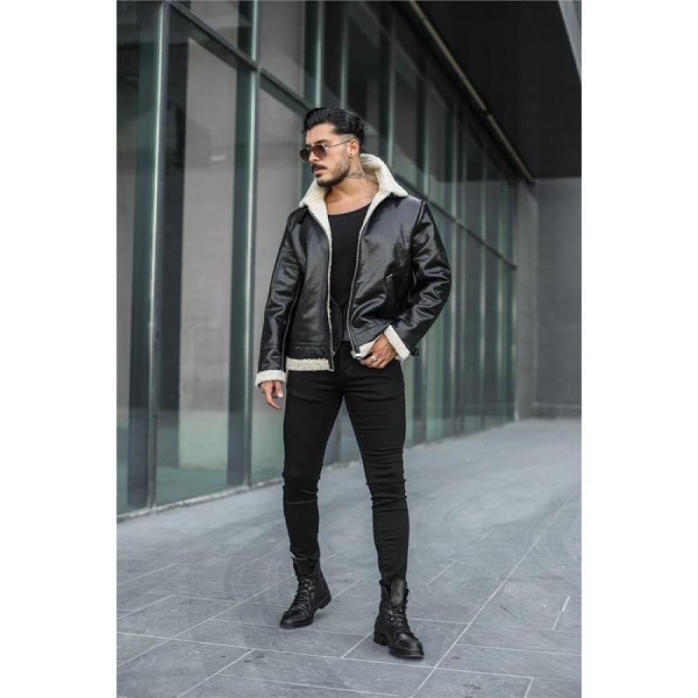 Outfit-Man Erkek Casual Deri Kürk Fermuarlı Ceket/Mont Yaka Ekru Erkek Mont Fiyatı