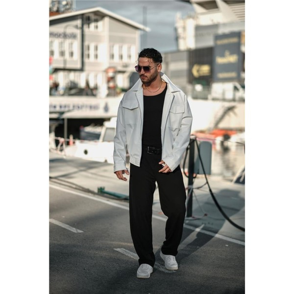Outfit-Man Erkek Çift Kapak Cepli Oversize Deri Ceket Beyaz Erkek Ceket Fiyatı