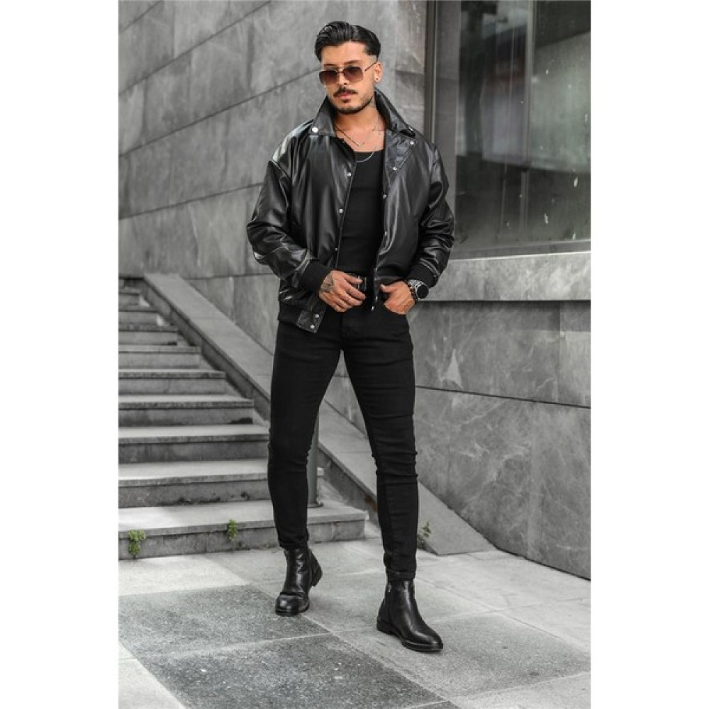 Outfit-Man Erkek Deri Basic Yaka Deri Oversize Ceket Siyah Erkek Ceket Fiyatı