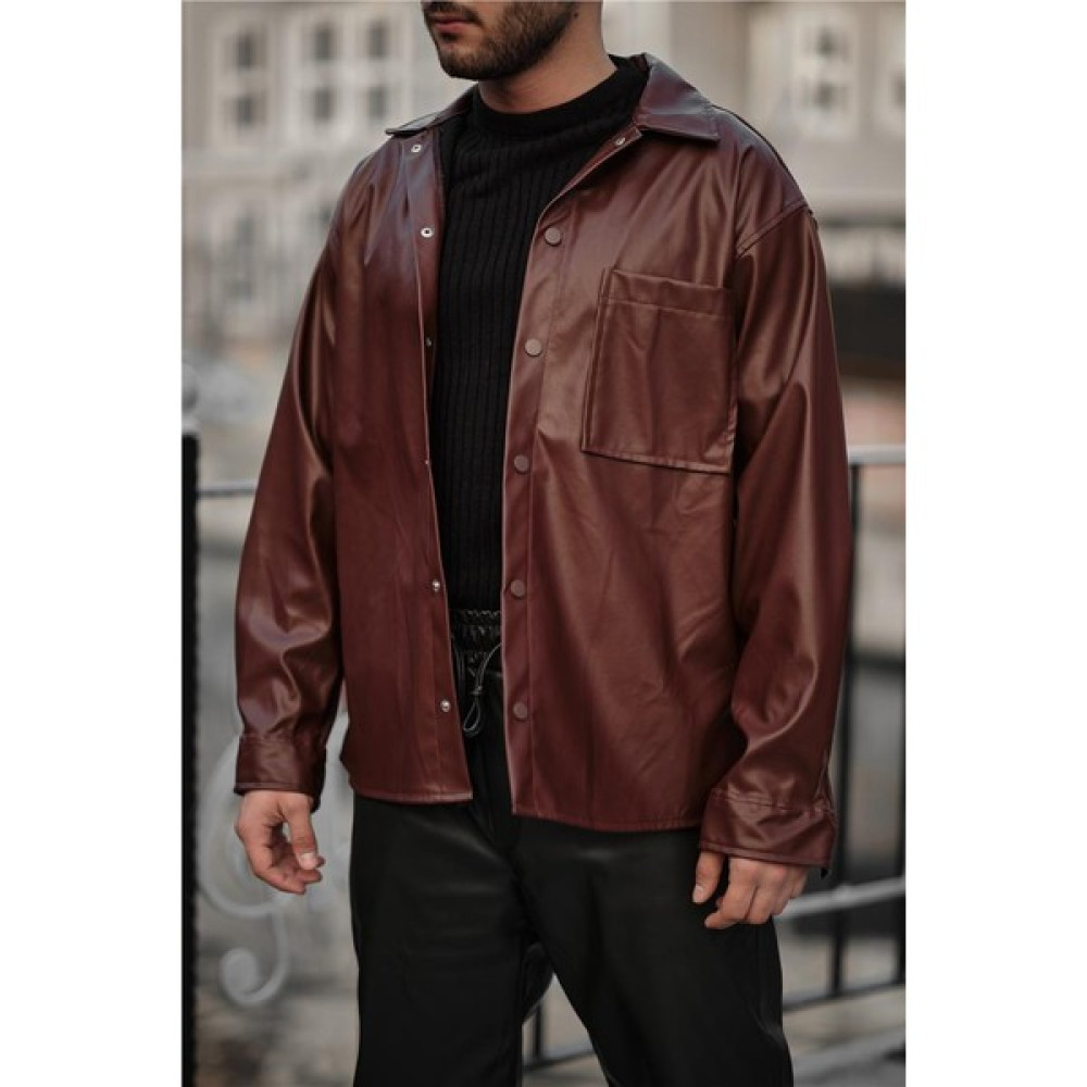 Outfit-Man Erkek Deri Oversize Gömlek Bordo Erkek Gömlek Fiyatı