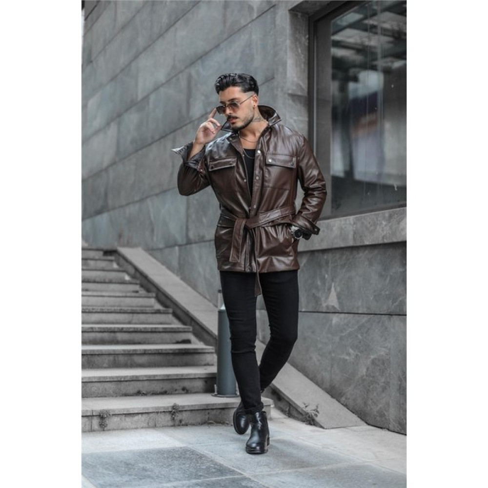 Outfit-Man Erkek Erkek Vintage Kemerli Deri Ceket Acı Kahve Erkek Ceket Fiyatı
