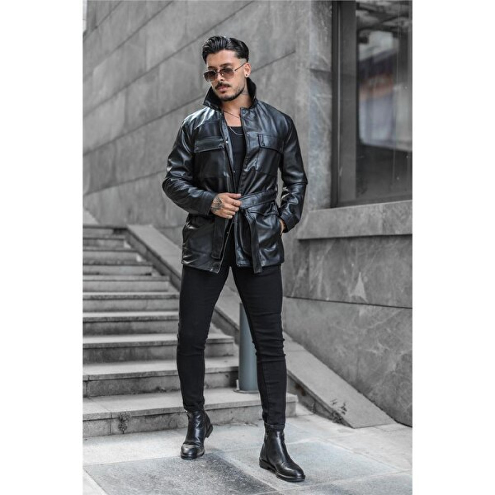 Outfit-Man Erkek Erkek Vintage Kemerli Deri Ceket Siyah Erkek Ceket Fiyatı