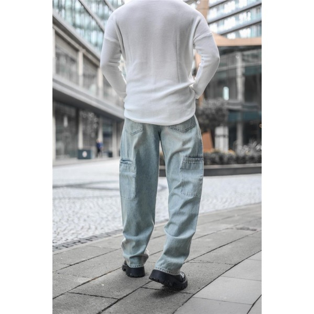 Outfit-Man Erkek Gizli Kargo Cepli Baggy Pantolon Jean Yıkamalı Mavi Erkek Jeans / Kot Pantolon Fiyatı