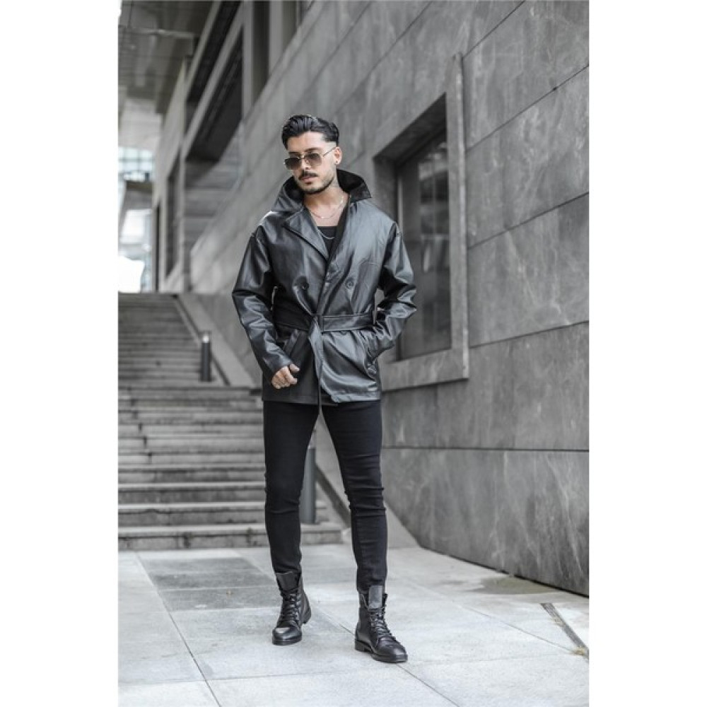 Outfit-Man Erkek Kruvaze Düğmeli Deri Oversize Ceket Siyah Erkek Ceket Fiyatı