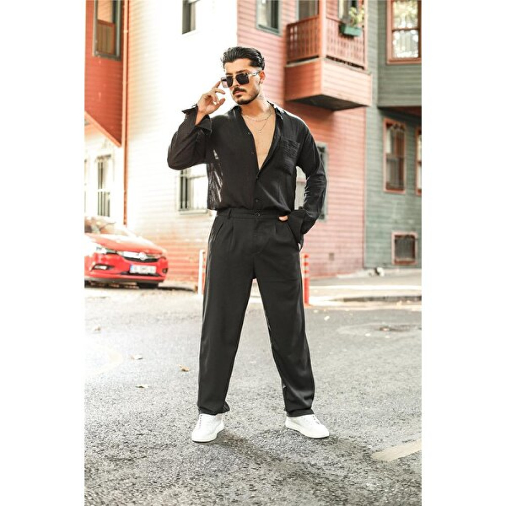 Outfit-Man Erkek Pileli Klasik Baggy Pantolon Siyah Erkek Pantolon Fiyatı