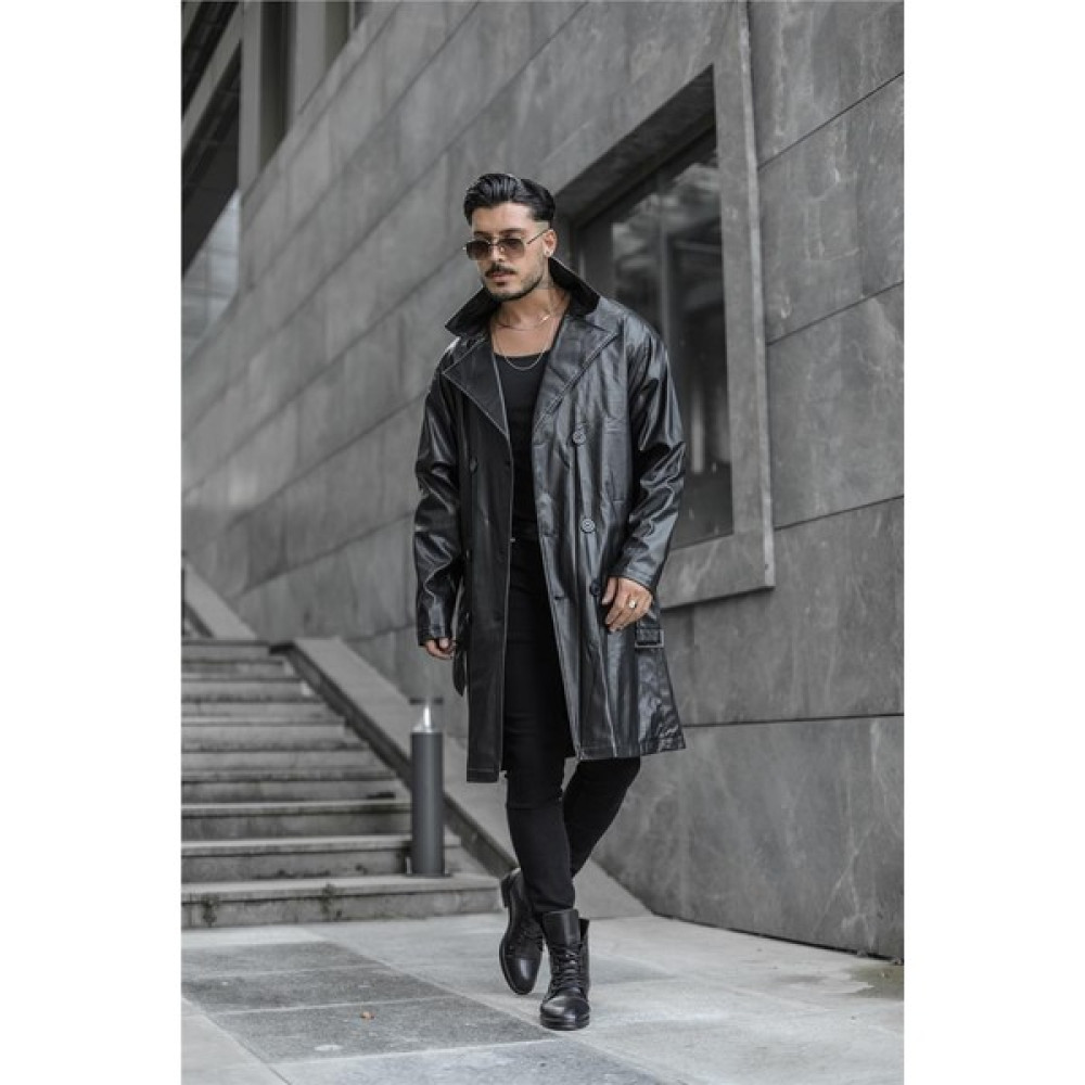 Outfit-Man Erkek Vintage Kemerli Uzun Deri Kaban Siyah Erkek Mont Fiyatı