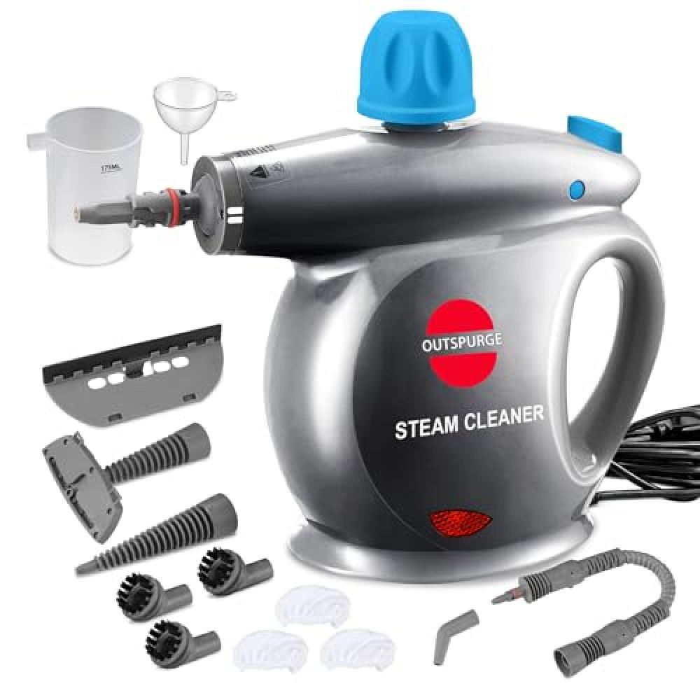 Outspurge Handheld Steam Cleaner, Pressurized Multi-Surface Steam Shot with 13 Accessories, Safety Lock, Steamer for Cleaning Floor, Upholstery, Grout, Windows, Couch and Car, Grey