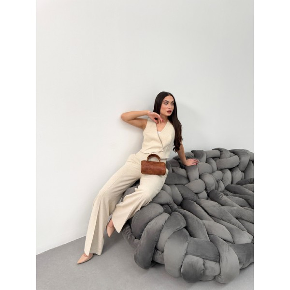 Ouz Fashion Kadın Keten Kruvaze Yaka Tek Düğmeli Yelek Pantolon Takım Kadın Giyim Fiyatı